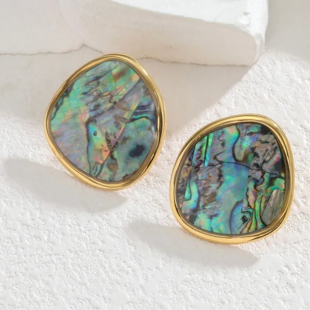 Gold Stainless Steel Abalone Shell Stud Earrings Iridescent Organic Shape Studs